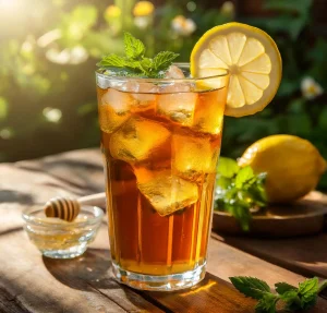 honey chamomile iced tea with ice cubes, garnished with fresh lemon