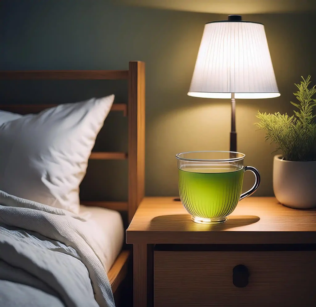 A cup of warm green tea on a nightstand beside a cozy bed