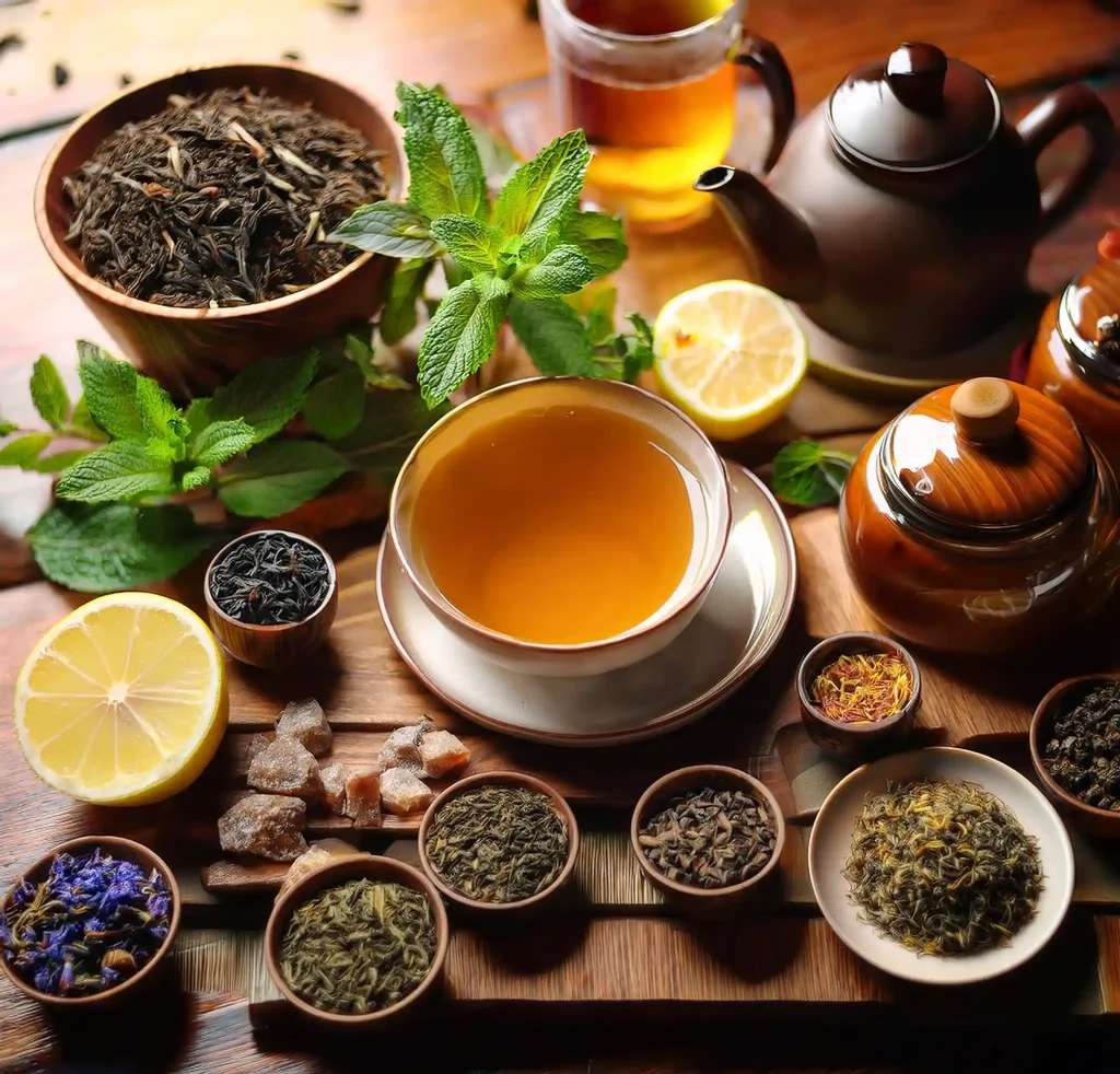 Tea set with various types of tea