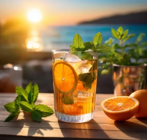 A refreshing glass of orange mint tea with fresh mint leaves, orange slices, and ice cubes