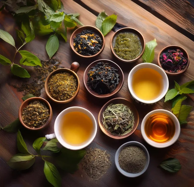 A serene scene of various teas—green, black, oolong, white, and herbal