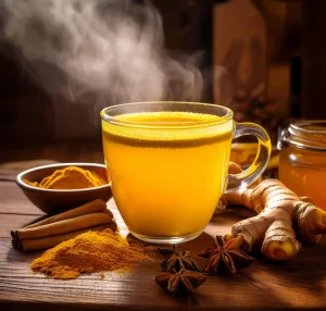 A steaming cup of golden turmeric tea