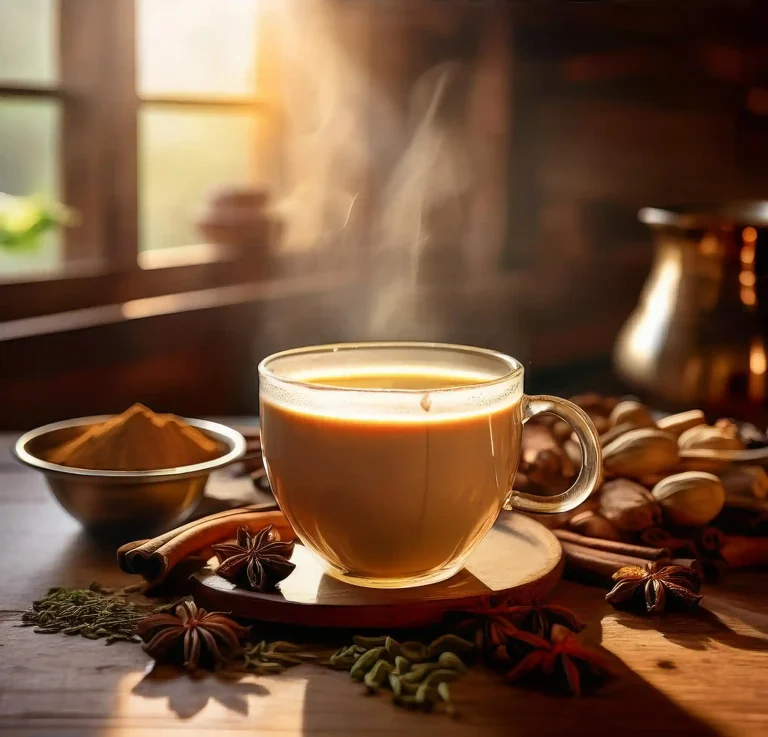 A steaming cup of masala chai in a rustic kitchen