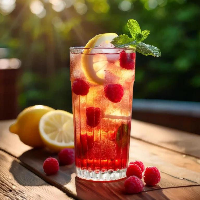 Iced tea with red raspberries, fresh lemon slices