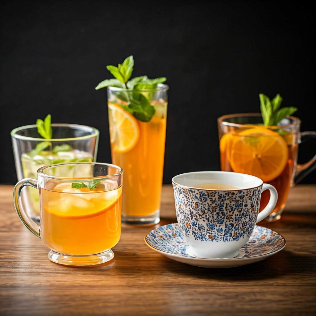 a group of cups of orange mint tea and lemons