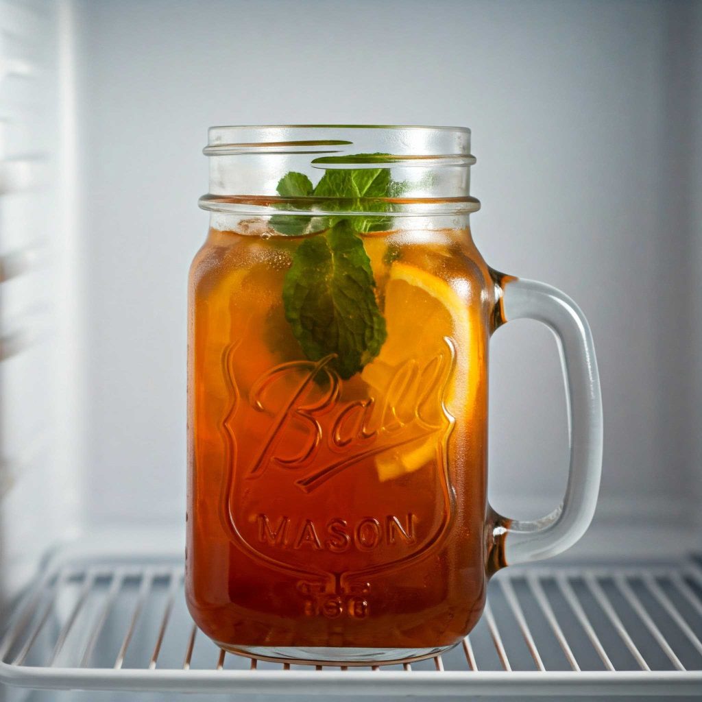 A refreshing glass of orange mint tea cooling off in the fridge