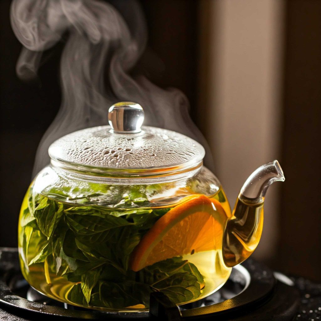 Orange mint tea in a beautiful transparent tea flask